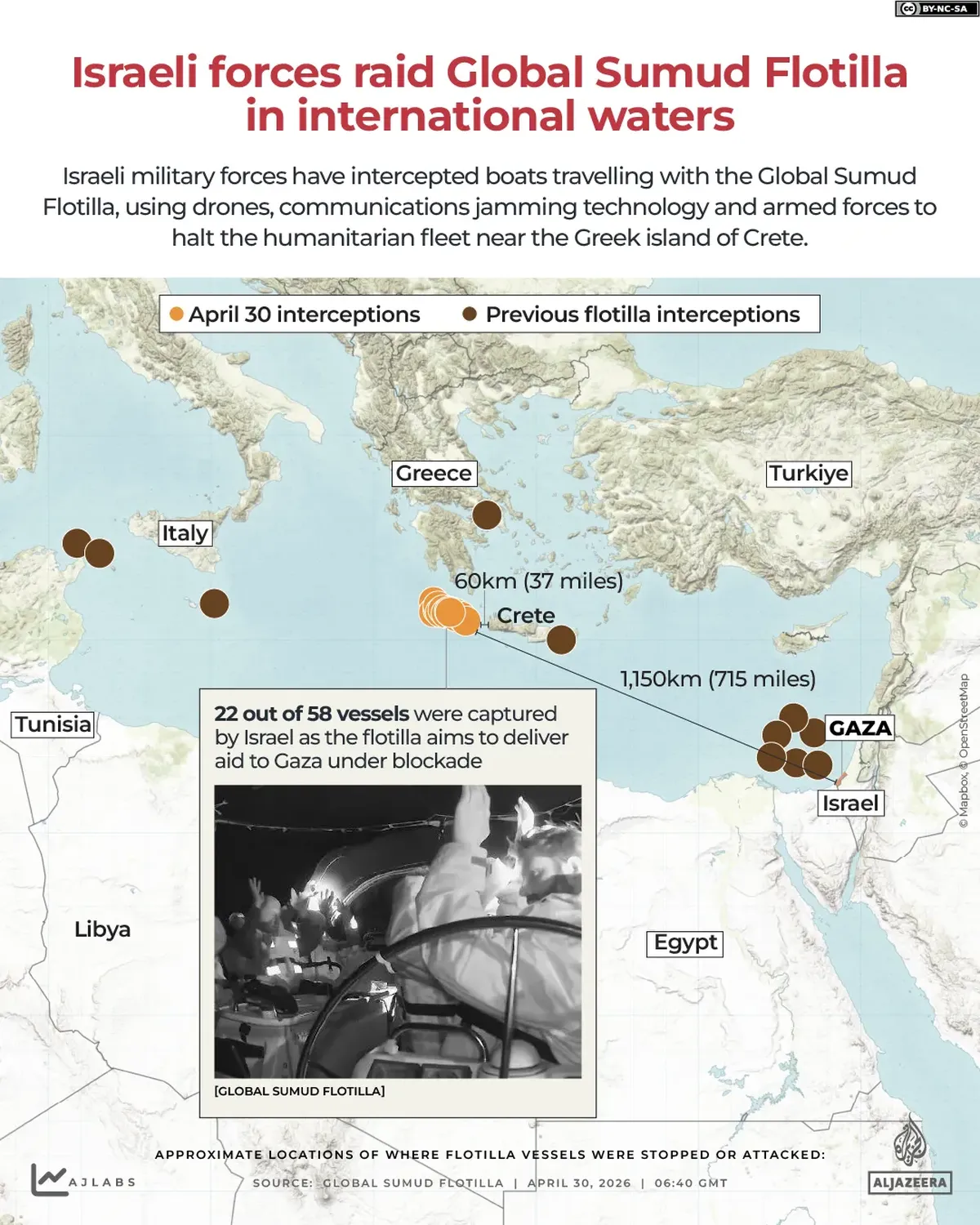 Mapa elaborado por AlJazeera muestra dónde fueron interceptados en abril del 2026 y en septiembre del 2025. 