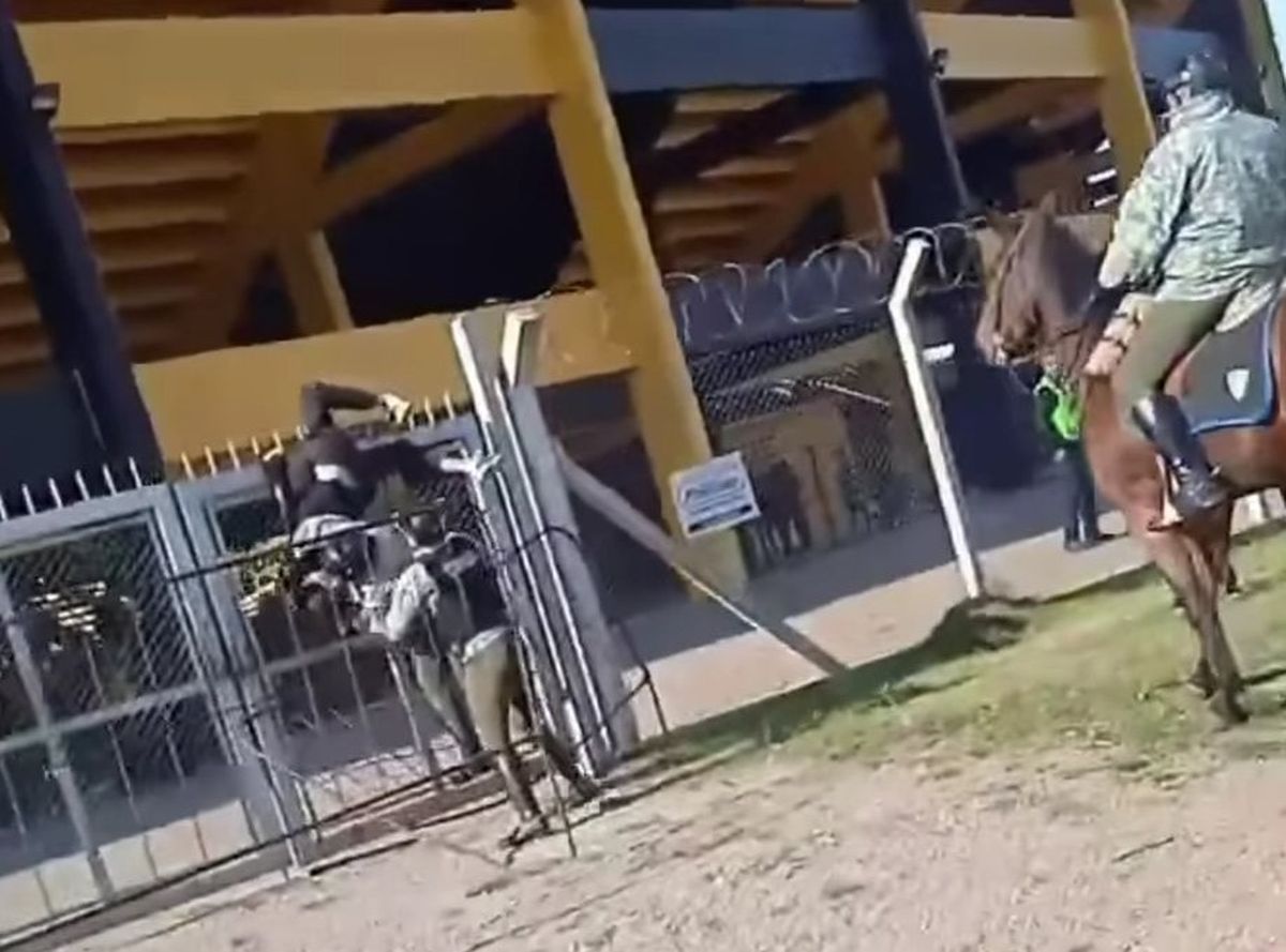 Dos policías someten y tironean a Nacho sobre las púas del portón.