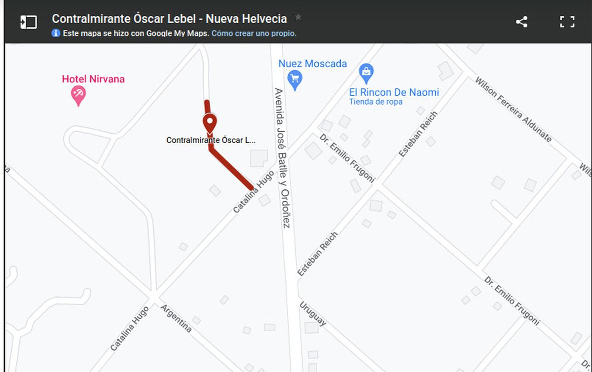 Mapa de la calle que llevar&aacute; el nombre del contralmirante &Oacute;scar Lebel en Nueva Helvecia.